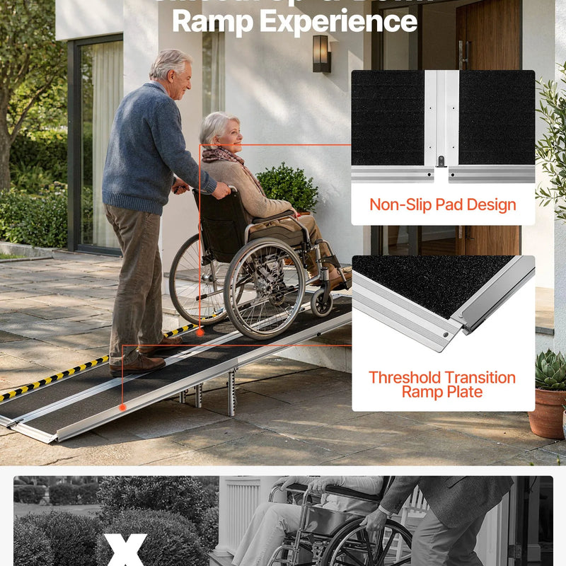 VEVOR pārnēsājama ratiņkrēslu rampa 2440 mm, neslīdoša salokāma alumīnija piekļuves rampa ar 363 kg kravnesību, piemērota mājas pakāpieniem, kāpnēm, sliekšņiem, durvju ailēm un mobilitātes skūteriem