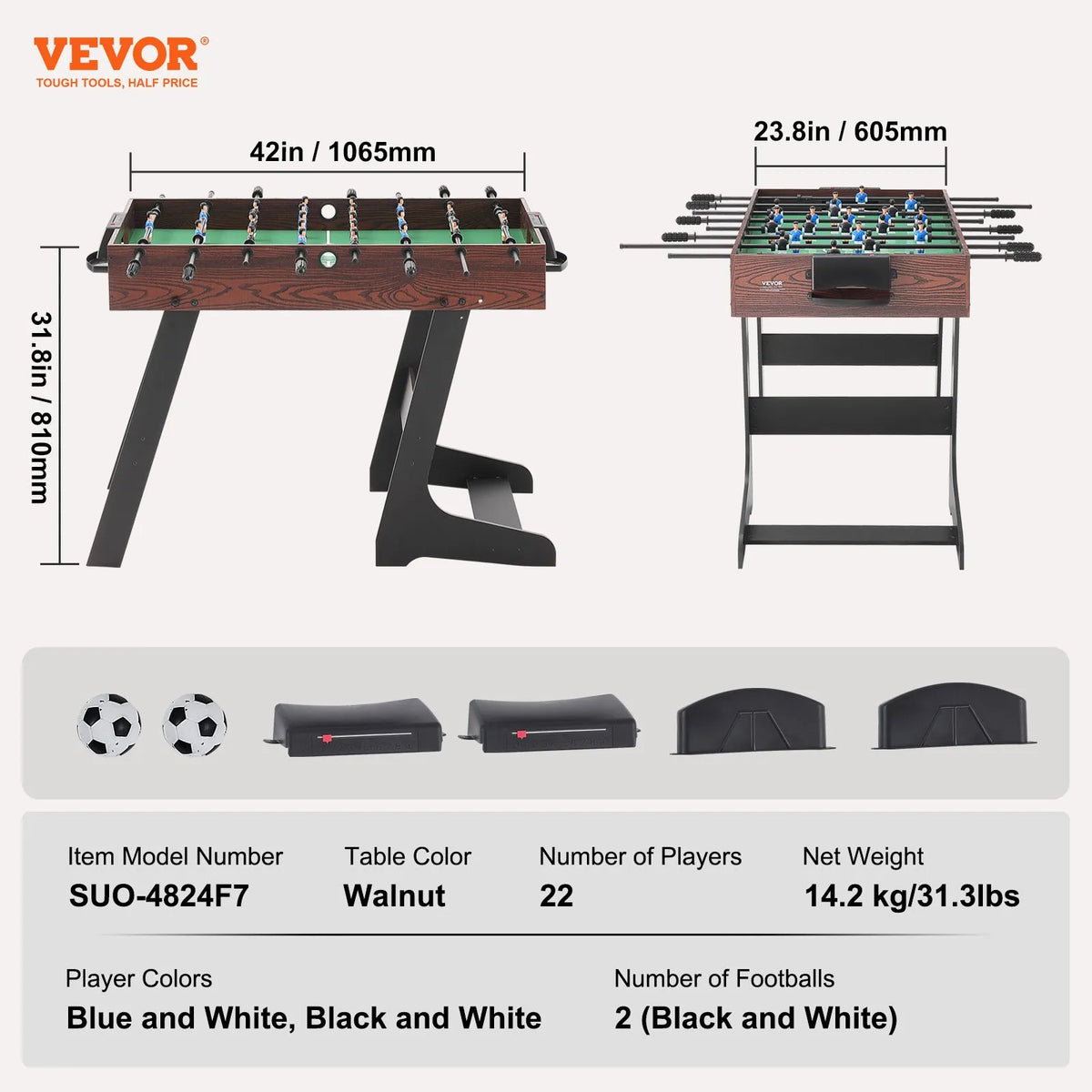 VEVOR Foldable Table Football Game 107 cm with 2 Balls