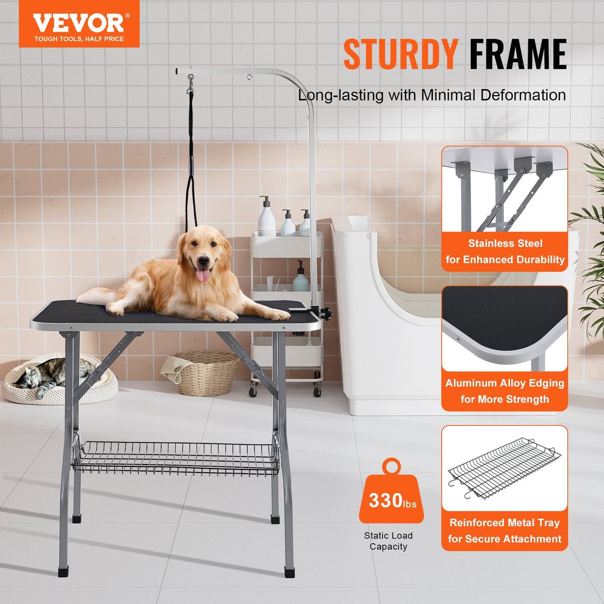 VEVOR Foldable Dog Grooming Table with Clamp and Loop, 91.5 × 61 cm, up to 150 kg