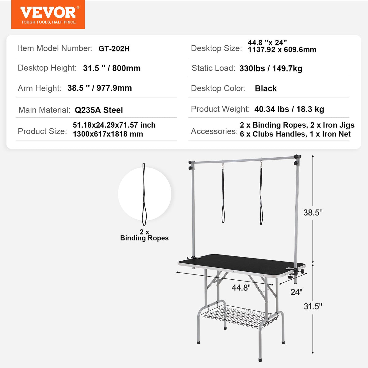 VEVOR salokāms suņu kopšanas galds ar 2 regulējamām rokām, 117 cm, līdz 150 kg