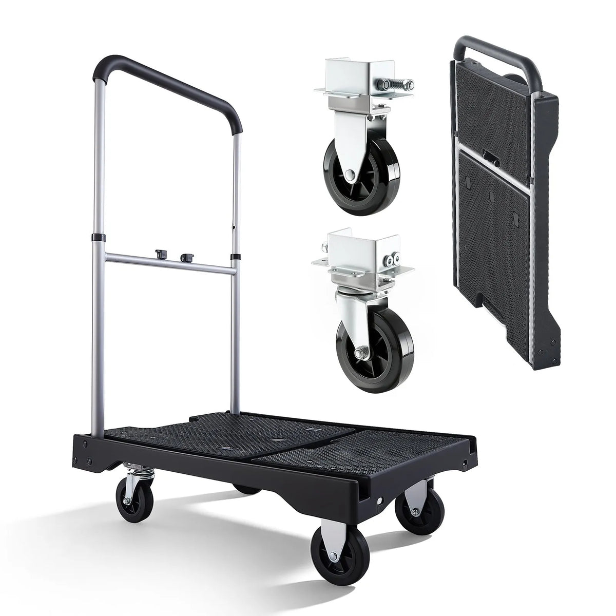 VEVOR Folding Platform Trolley, 149.69 kg Load Capacity, Platform Truck with Swivel Wheels, Adjustable Push Handle, Easy Storage, 680 × 495 × 115 mm