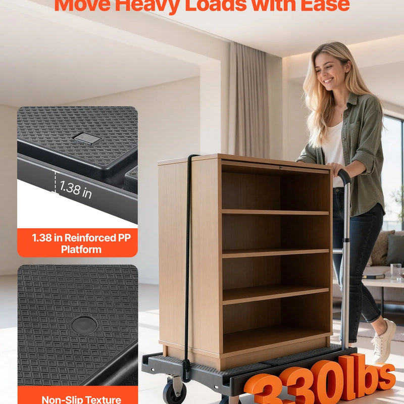 VEVOR salokāmi platformas ratiņi, kravnesība 149,69 kg, platformas ratiņi ar grozāmiem riteņiem, regulējams stumšanas rokturis, ērti uzglabājami, 680 × 495 × 115 mm