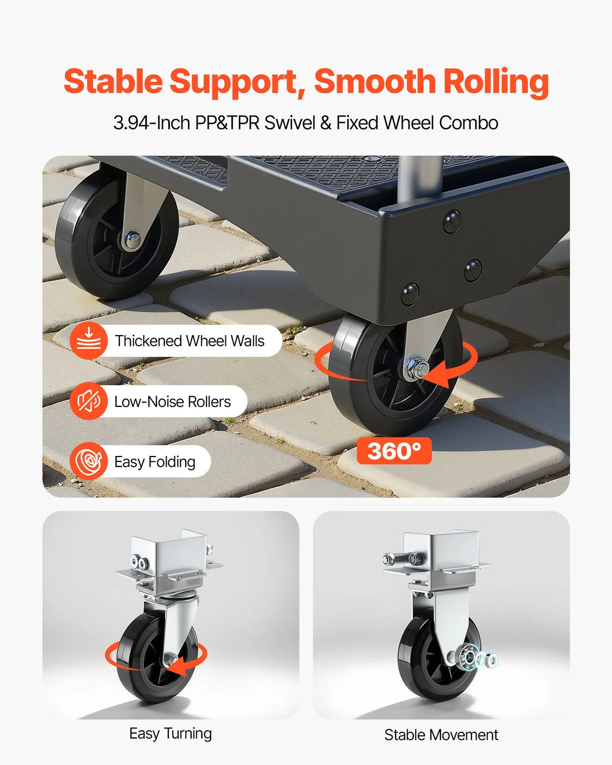 VEVOR Folding Platform Trolley, 149.69 kg Load Capacity, Platform Truck with Swivel Wheels, Adjustable Push Handle, Easy Storage, 680 × 495 × 115 mm