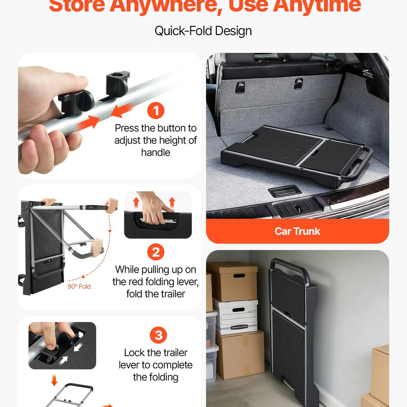 VEVOR salokāmi platformas ratiņi, kravnesība 149,69 kg, platformas ratiņi ar grozāmiem riteņiem, regulējams stumšanas rokturis, ērti uzglabājami, 680 × 495 × 115 mm