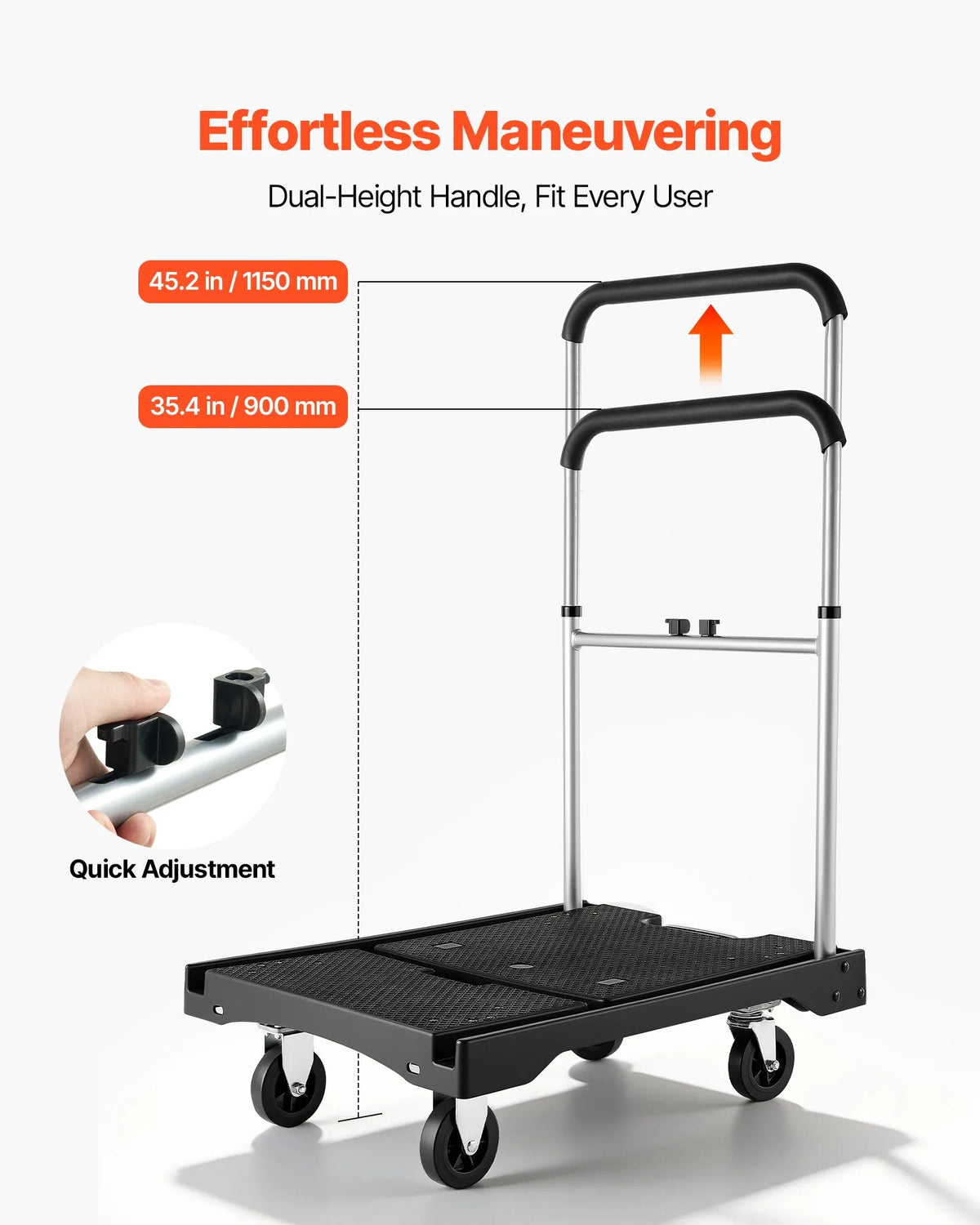 VEVOR Folding Platform Trolley, 149.69 kg Load Capacity, Platform Truck with Swivel Wheels, Adjustable Push Handle, Easy Storage, 680 × 495 × 115 mm