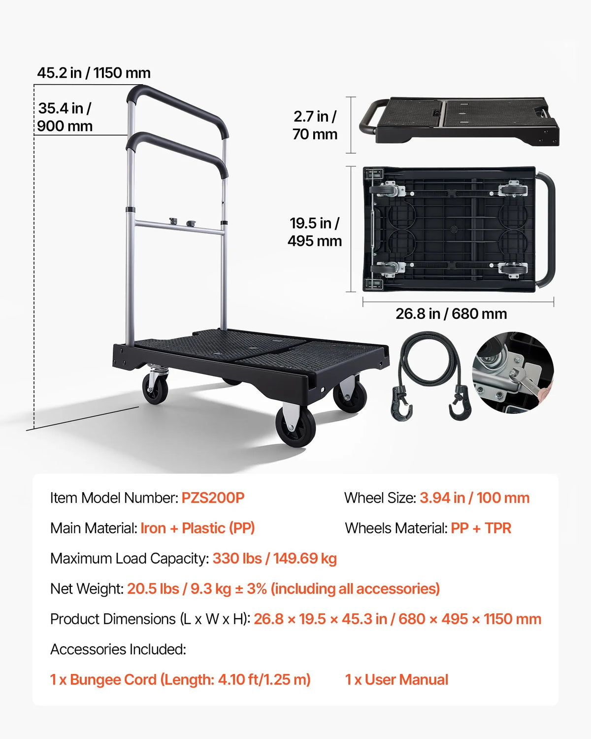 VEVOR Folding Platform Trolley, 149.69 kg Load Capacity, Platform Truck with Swivel Wheels, Adjustable Push Handle, Easy Storage, 680 × 495 × 115 mm