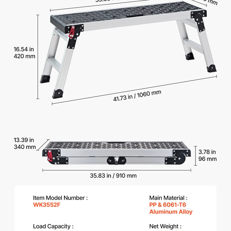 VEVOR salokāma darba platforma 910 x 310 mm, alumīnija pakāpiens 420 mm augstumā, nestspēja 226,8 kg, darba sols ar drošības fiksatoriem remontam, krāsošanai un mājas darbiem