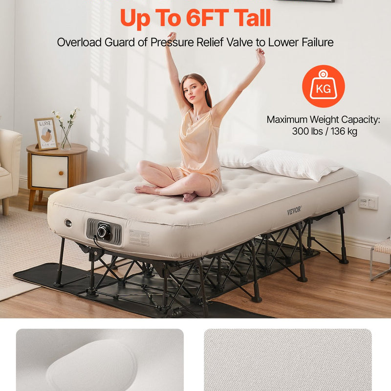 VEVOR piepūšamais gultas matracis ar rāmi un sūkni, 1 personai, kempingam, līdz 136 kg noslodzei
