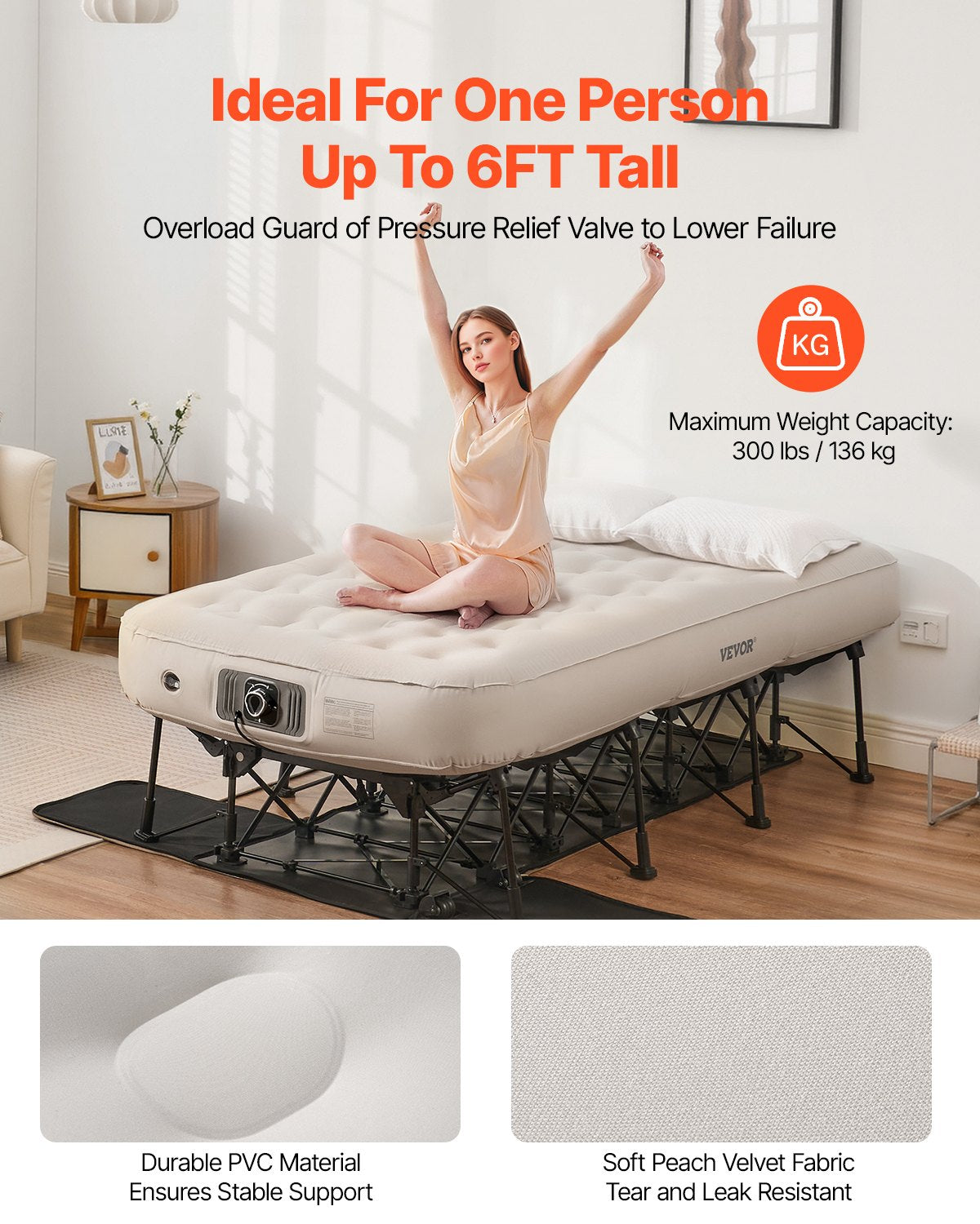 VEVOR Inflatable Air Bed Mattress with Frame and Pump, Single, Camping, Up to 136 kg Load Capacity
