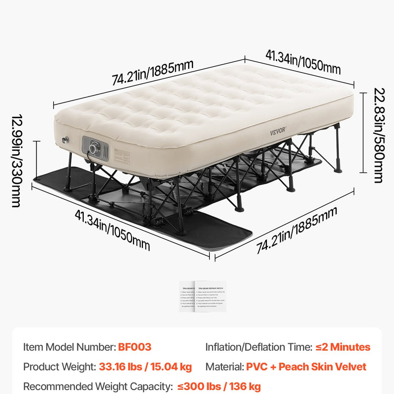 VEVOR piepūšamais gultas matracis ar rāmi un sūkni, 1 personai, kempingam, līdz 136 kg noslodzei