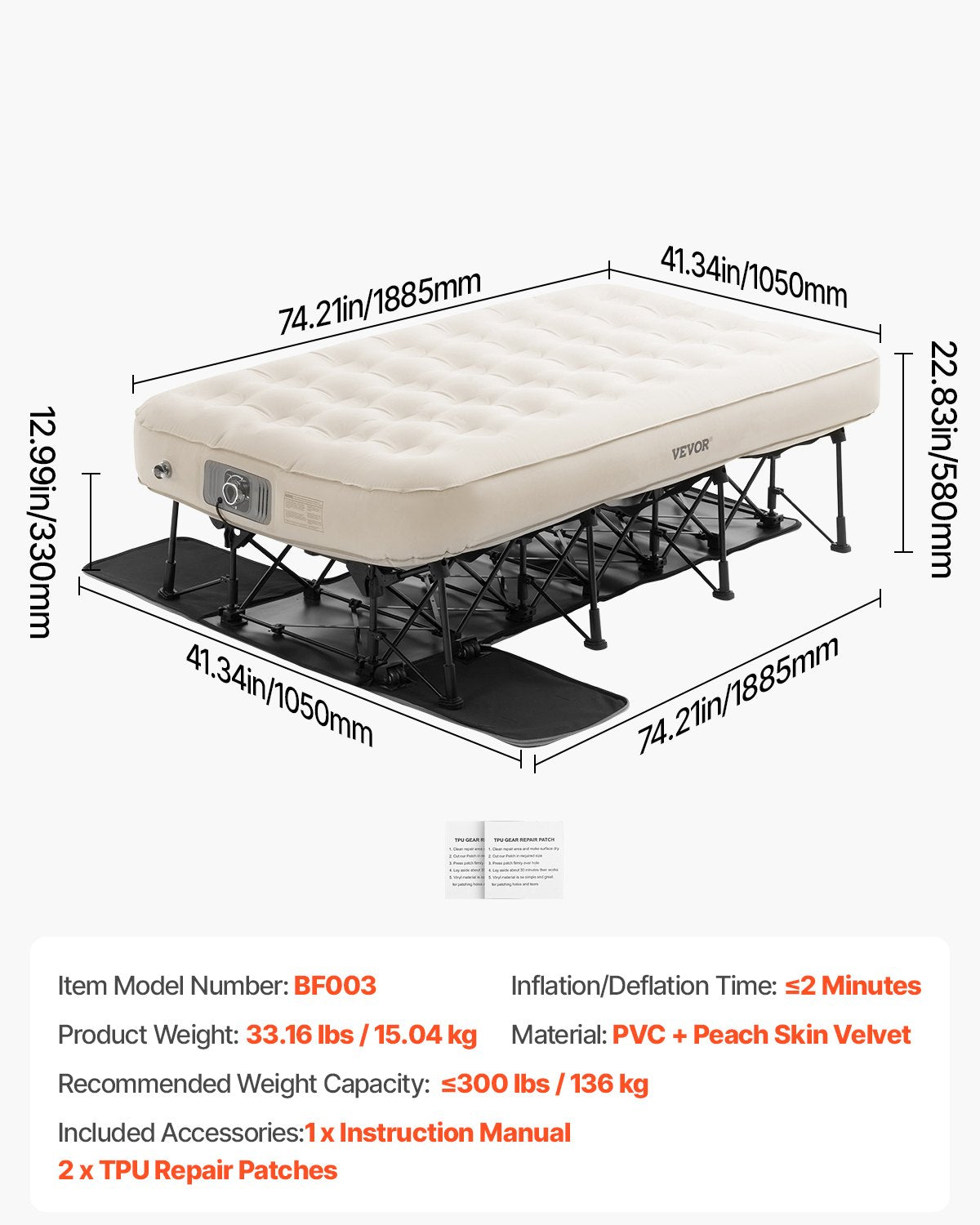 VEVOR Inflatable Air Bed Mattress with Frame and Pump, Single, Camping, Up to 136 kg Load Capacity