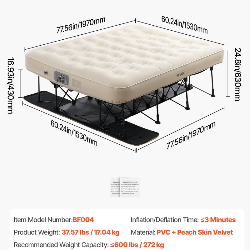 VEVOR piepūšamais matracis ar rāmi un sūkni, 2 personām, kempinga gulta, līdz 272 kg noslodzei