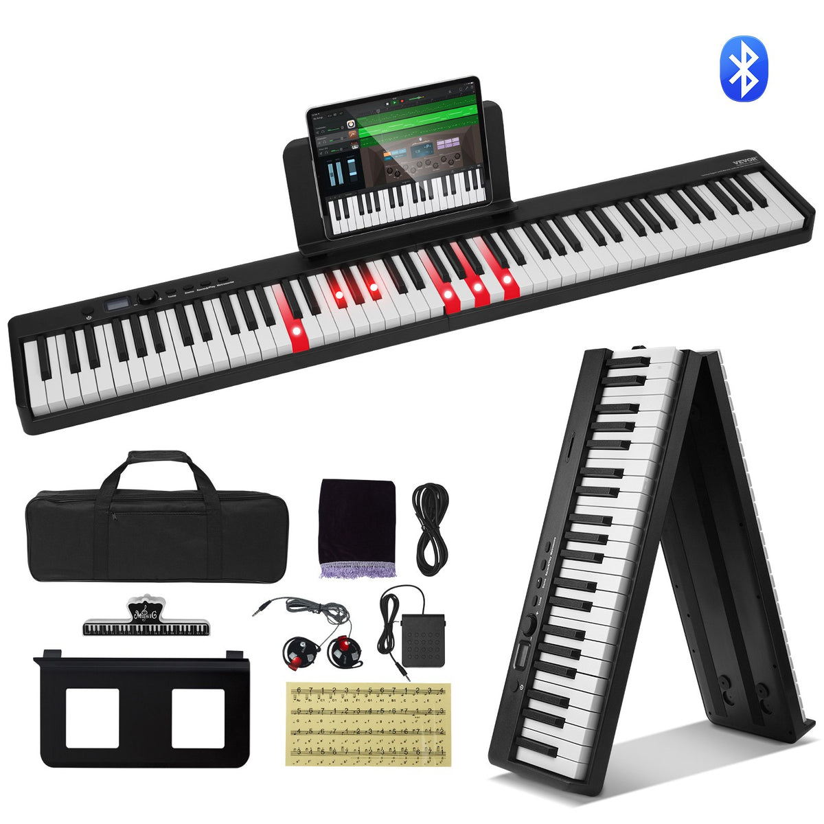 VEVOR Foldable Keyboard 88 Keys with Bluetooth and MIDI, Black