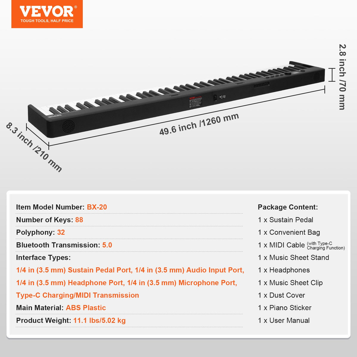 VEVOR Foldable Keyboard 88 Keys with Bluetooth and MIDI, Black
