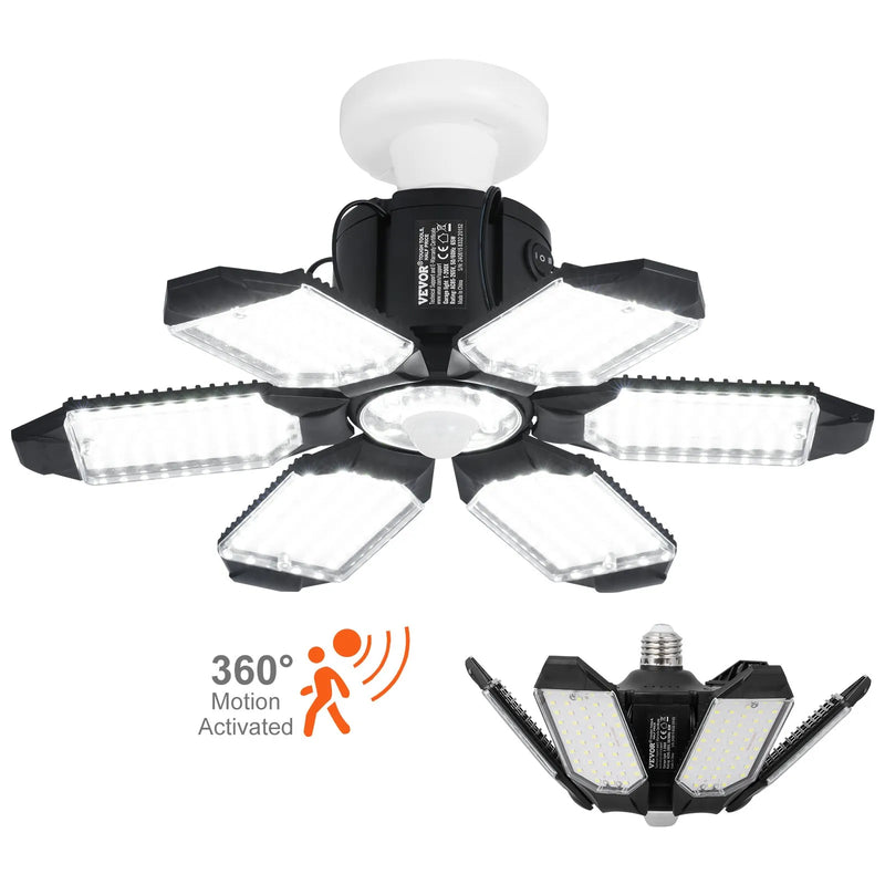 2 gab. LED garāžas lampas, 15000 lm, 6500 K ar kustību sensoru, griestu gaismekļi ar 6 regulējamām plāksnēm, E26/E27 cokols, īpaši spilgts apgaismojums darbnīcām, noliktavām un pagrabam