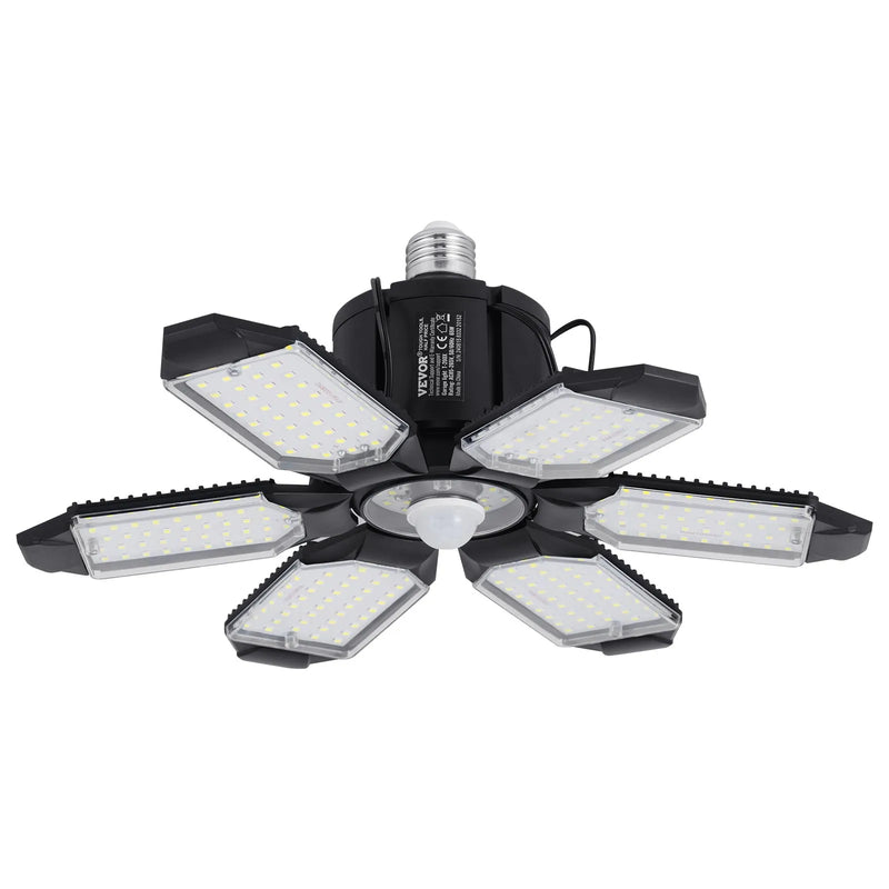 2 gab. LED garāžas lampas, 15000 lm, 6500 K ar kustību sensoru, griestu gaismekļi ar 6 regulējamām plāksnēm, E26/E27 cokols, īpaši spilgts apgaismojums darbnīcām, noliktavām un pagrabam