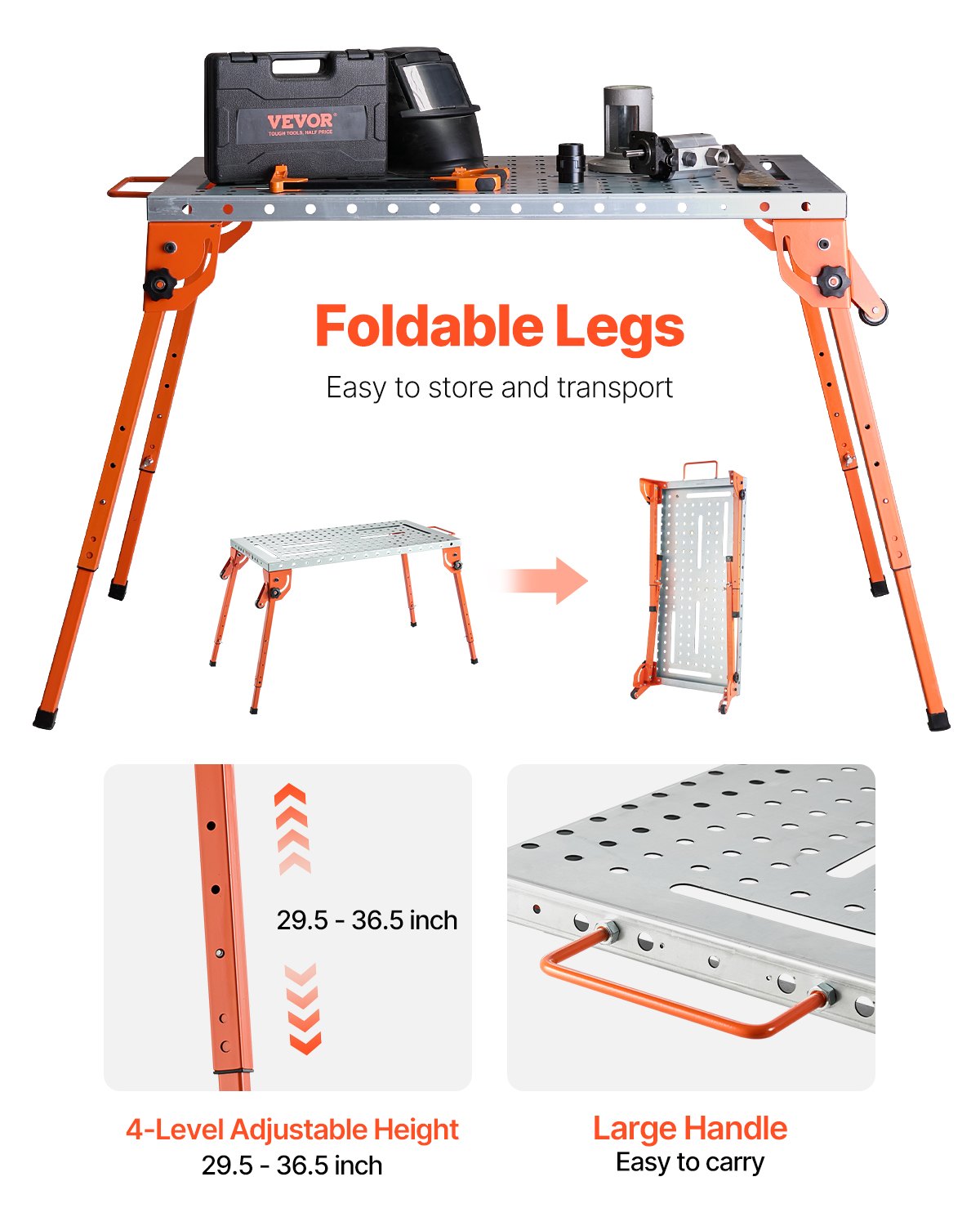 VEVOR Folding Welding Table 112 × 53 cm, 227 kg, 4 Height Levels, 16 mm Holes