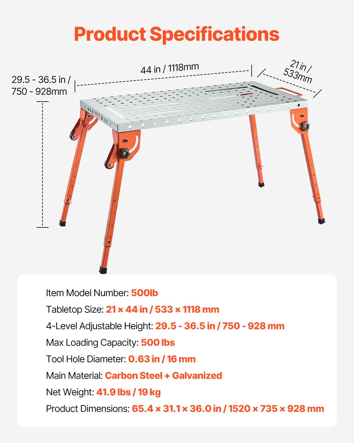 VEVOR Folding Welding Table 112 × 53 cm, 227 kg, 4 Height Levels, 16 mm Holes