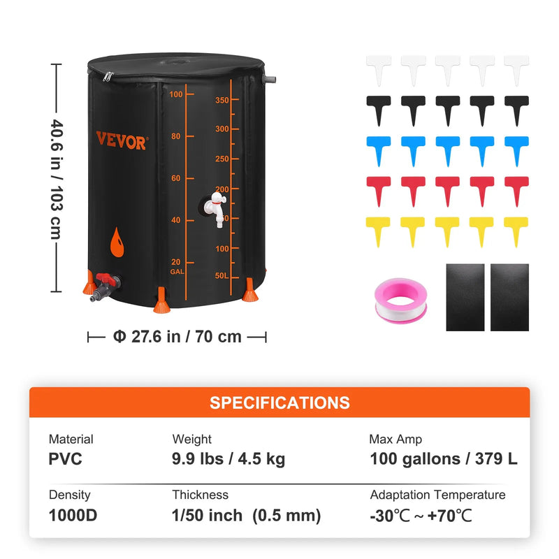 Saliekamā lietus ūdens tvertne, 380 litri, PVC lietus ūdens savākšanas sistēma ar krāniem un pārplūdes komplektu, pārnēsājams ūdens uzglabāšanas konteiners dārzam, melna