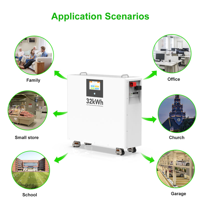 LiFePO4 mājas enerģijas uzkrāšanas akumulators, 51,2 V, 628 Ah, 32,15 kWh, 300 A viedā BMS, skārienekrāns, CAN, RS485, RS232 un riteņi