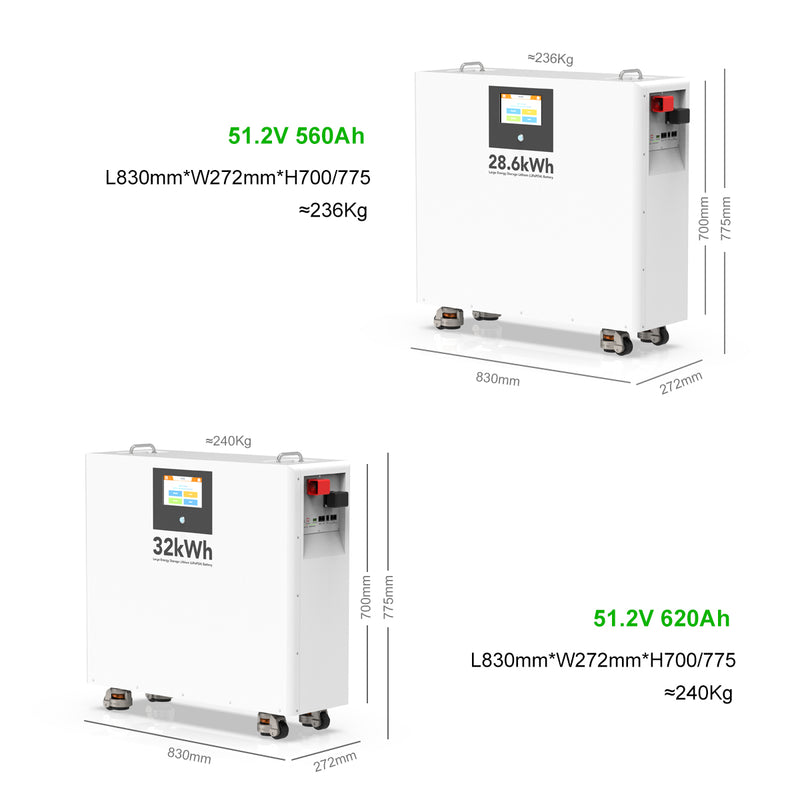LiFePO4 mājas enerģijas uzkrāšanas akumulators, 51,2 V, 628 Ah, 32,15 kWh, 300 A viedā BMS, skārienekrāns, CAN, RS485, RS232 un riteņi