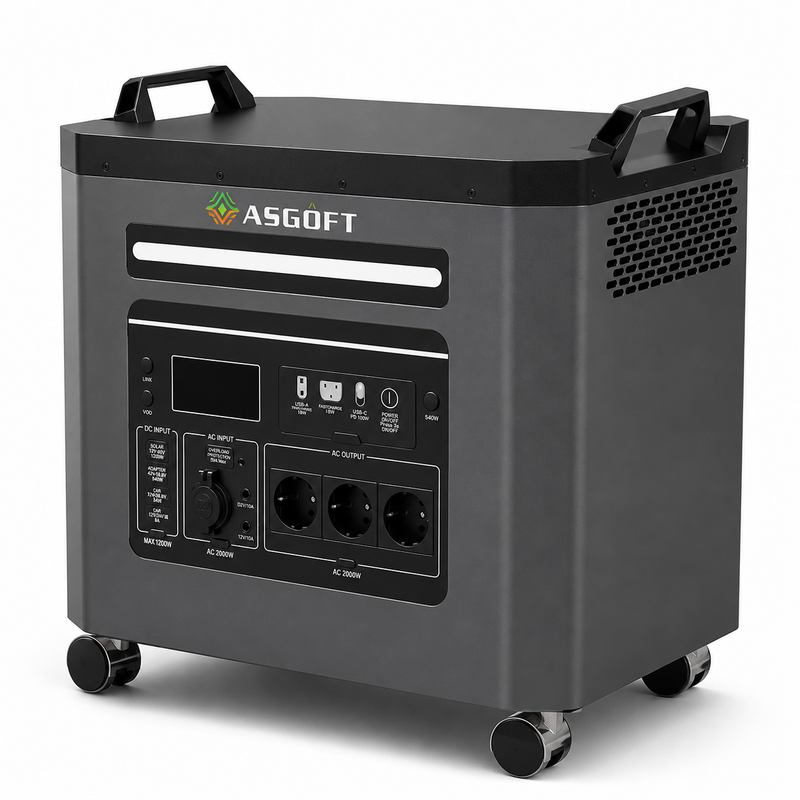 Piegāde līdz 14.dienām_ASGOFT mobilā LiFePO4 elektrostacija, 3300 W, 3300 Wh, 230 V, tīra sinusoidāla izeja, MPPT un saules uzlāde līdz 1200 W