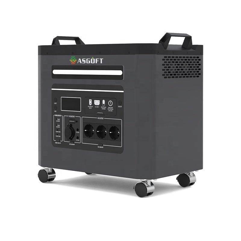 Piegāde līdz 14.dienām_ASGOFT mobilā LiFePO4 elektrostacija, 3300 W, 3300 Wh, 230 V, tīra sinusoidāla izeja, MPPT un saules uzlāde līdz 1200 W