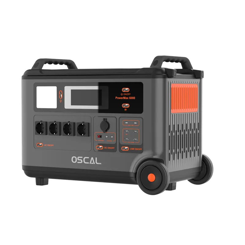 Piegāde līdz 14.dienām_OSCAL PowerMax 6000 pārvietojama LiFePO4 elektrostacija, 6000 W, 3600 Wh, paplašināma līdz 57,6 kWh, 4 × 230 V, UPS, Wi-Fi, Bluetooth un 2400 W saules uzlāde