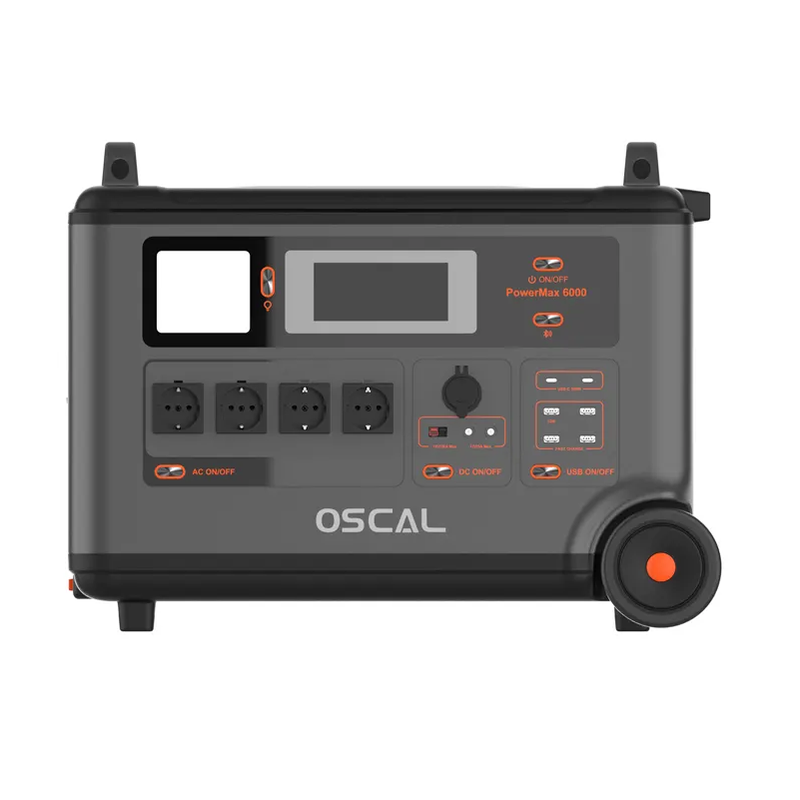 Piegāde līdz 14.dienām_OSCAL PowerMax 6000 pārvietojama LiFePO4 elektrostacija, 6000 W, 3600 Wh, paplašināma līdz 57,6 kWh, 4 × 230 V, UPS, Wi-Fi, Bluetooth un 2400 W saules uzlāde