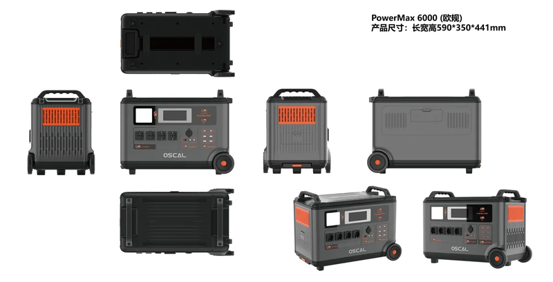 Piegāde līdz 14.dienām_OSCAL PowerMax 6000 pārvietojama LiFePO4 elektrostacija, 6000 W, 3600 Wh, paplašināma līdz 57,6 kWh, 4 × 230 V, UPS, Wi-Fi, Bluetooth un 2400 W saules uzlāde