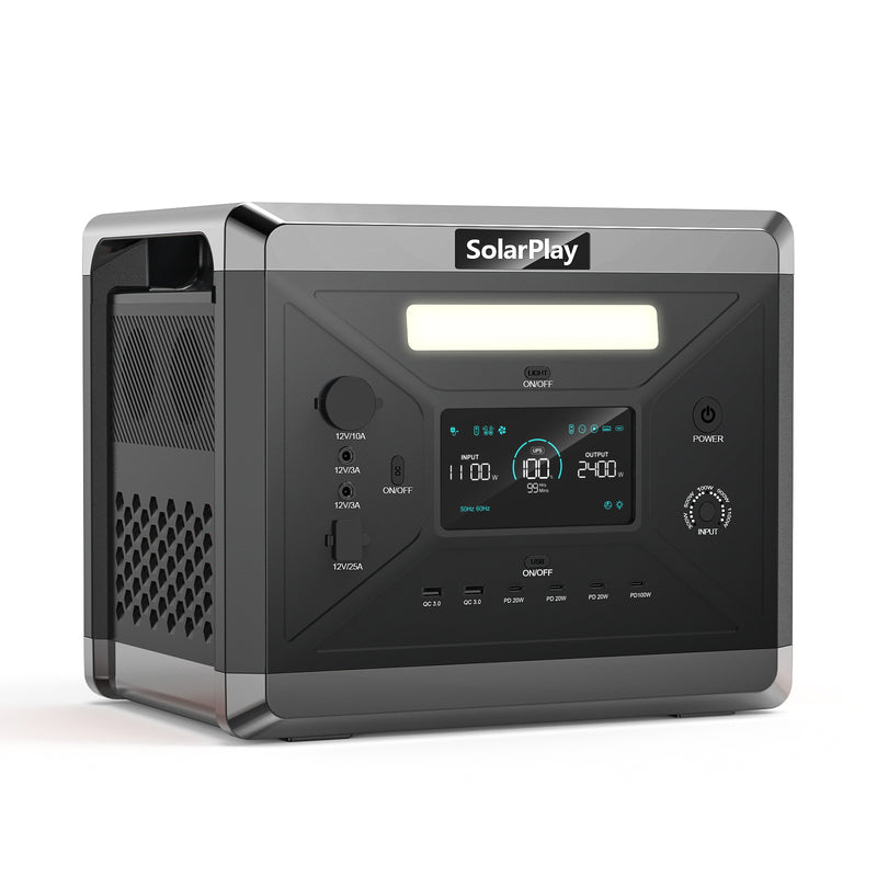 Q2501 mobilā LiFePO4 elektrostacija, 2400 W, 2160 Wh, 4800 W maksimālā jauda, 14 izejas, UPS, MPPT un 500 W saules uzlāde