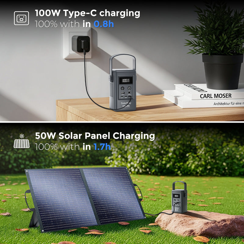 Q100 pārnēsājama LiFePO4 uzlādes stacija, 96,2 Wh, 26 000 mAh, 100 W divvirzienu USB-C ātrā uzlāde, 5 pieslēgvietas un displejs