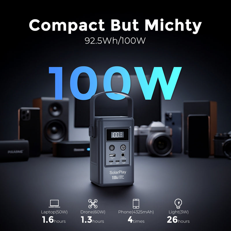 Q100 pārnēsājama LiFePO4 uzlādes stacija, 96,2 Wh, 26 000 mAh, 100 W divvirzienu USB-C ātrā uzlāde, 5 pieslēgvietas un displejs