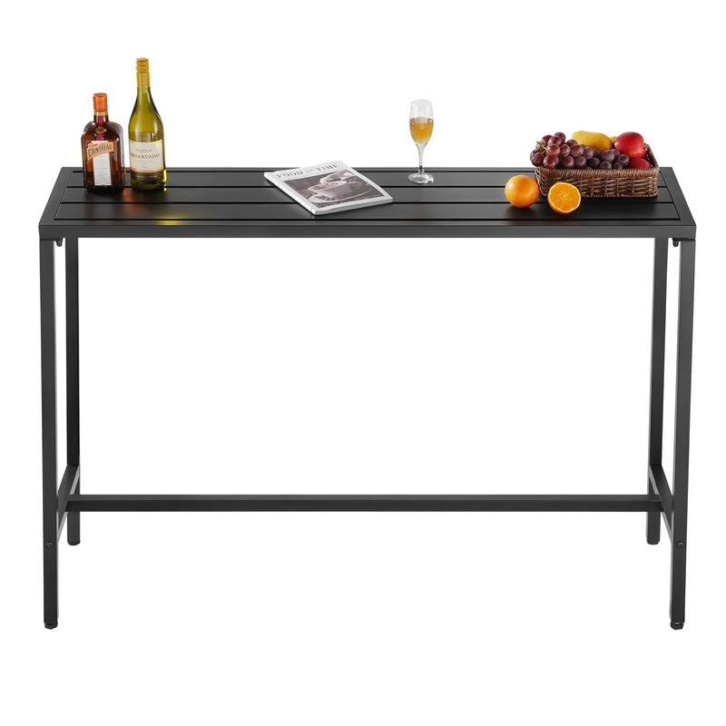 Āra bāra galds, 140 × 37,5 cm, ar ūdensizturīgu virsmu un stabilu metāla rāmi, taisnstūra letes augstuma galds balkoniem, pagalmiem, pie džakuzi, baseina vai iekštelpām