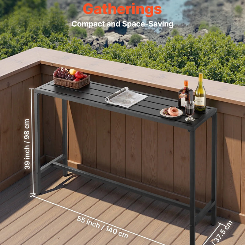 Āra bāra galds, 140 × 37,5 cm, ar ūdensizturīgu virsmu un stabilu metāla rāmi, taisnstūra letes augstuma galds balkoniem, pagalmiem, pie džakuzi, baseina vai iekštelpām