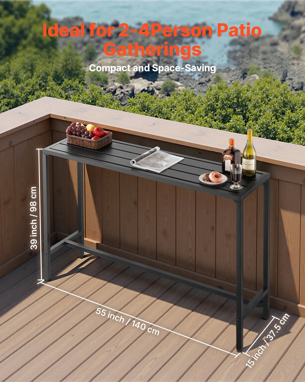 VEVOR Outdoor Bar Table, 140 × 37.5 cm, with Water-Resistant Surface and Sturdy Metal Frame, Rectangular Bar Height Table for Balconies, Patios, Hot Tubs, Pools or Indoor Use