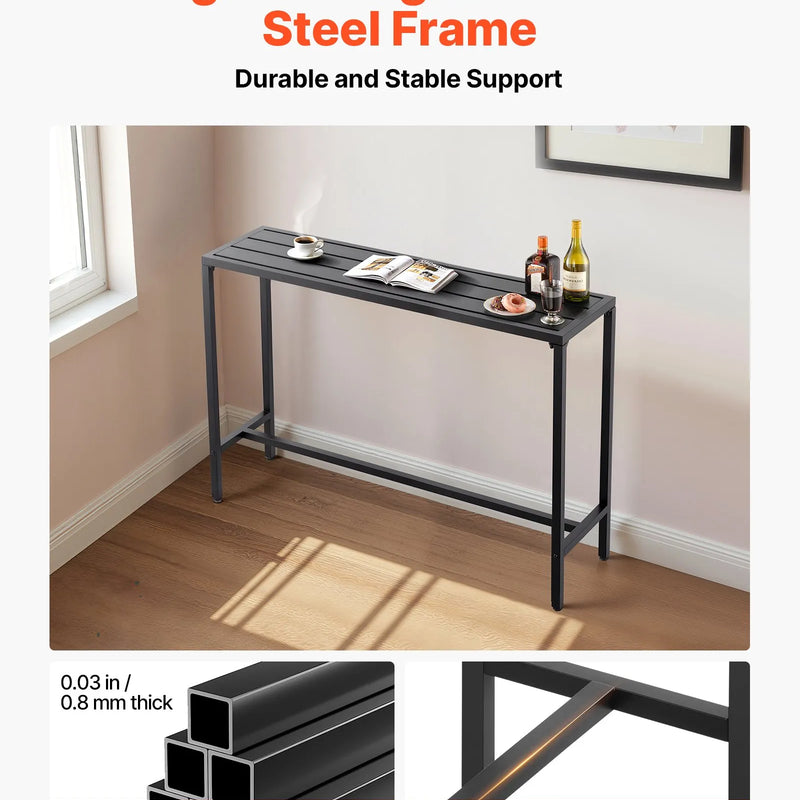 Āra bāra galds, 140 × 37,5 cm, ar ūdensizturīgu virsmu un stabilu metāla rāmi, taisnstūra letes augstuma galds balkoniem, pagalmiem, pie džakuzi, baseina vai iekštelpām