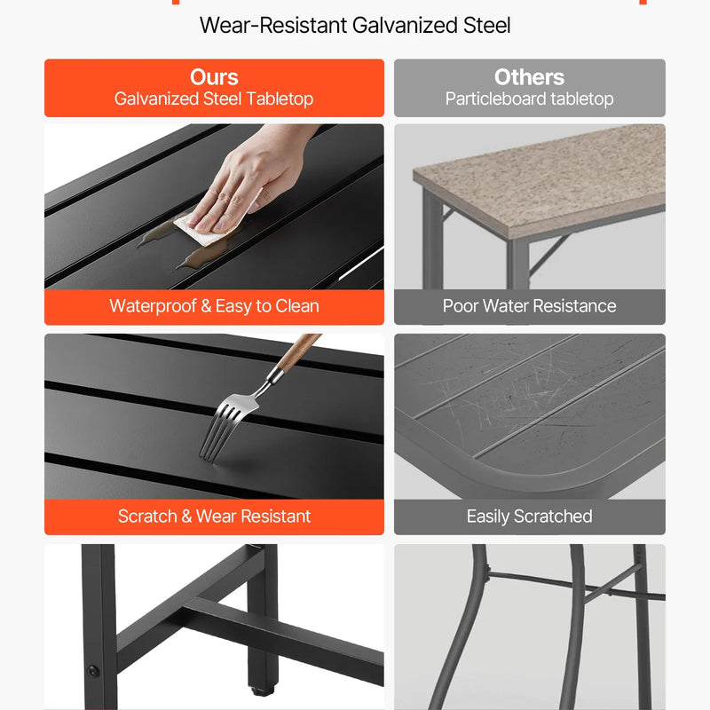 Āra bāra galds, 140 × 37,5 cm, ar ūdensizturīgu virsmu un stabilu metāla rāmi, taisnstūra letes augstuma galds balkoniem, pagalmiem, pie džakuzi, baseina vai iekštelpām