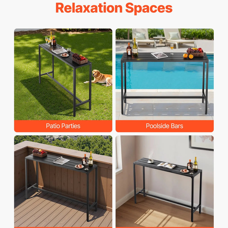 Āra bāra galds, 140 × 37,5 cm, ar ūdensizturīgu virsmu un stabilu metāla rāmi, taisnstūra letes augstuma galds balkoniem, pagalmiem, pie džakuzi, baseina vai iekštelpām