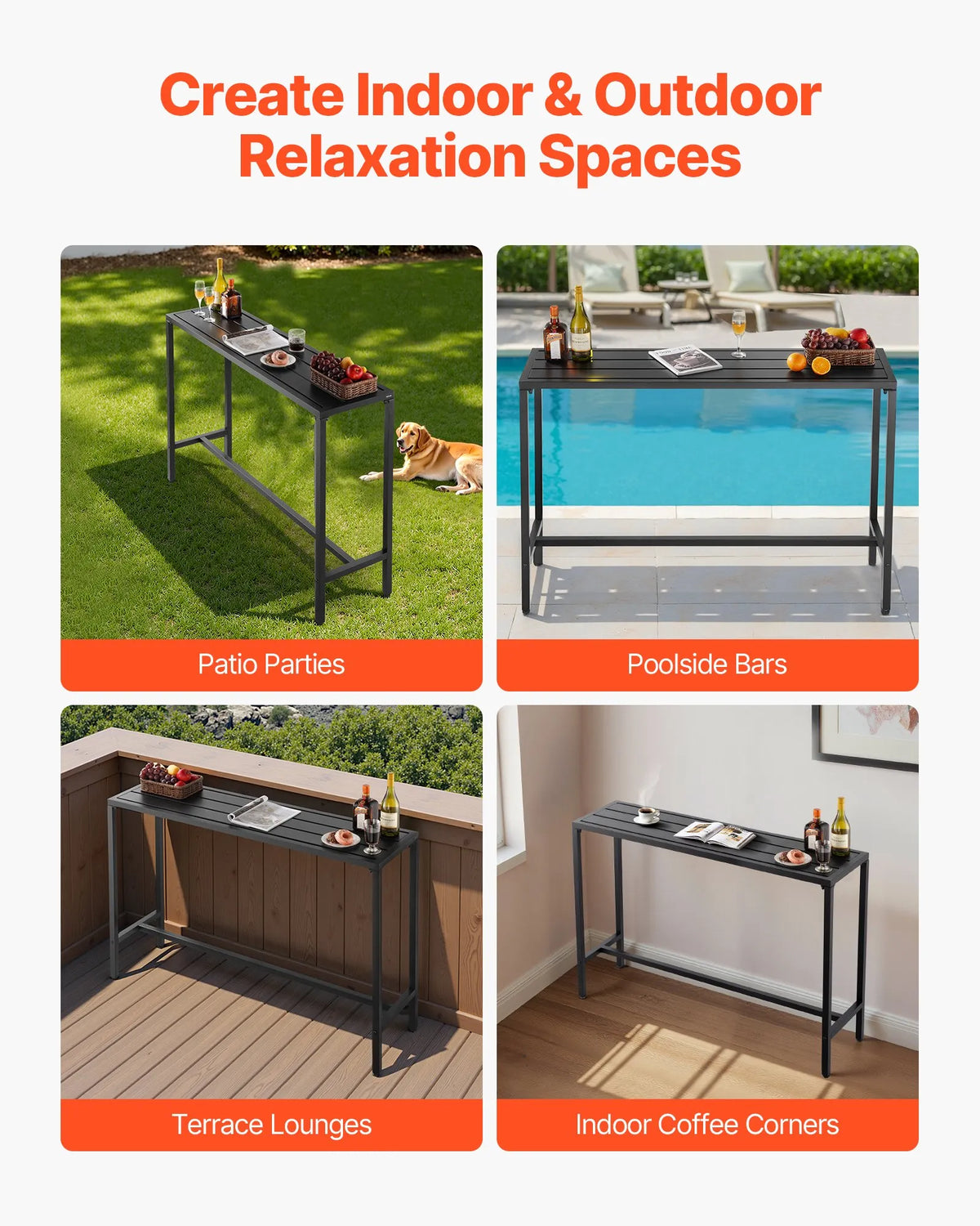 VEVOR Outdoor Bar Table, 140 × 37.5 cm, with Water-Resistant Surface and Sturdy Metal Frame, Rectangular Bar Height Table for Balconies, Patios, Hot Tubs, Pools or Indoor Use