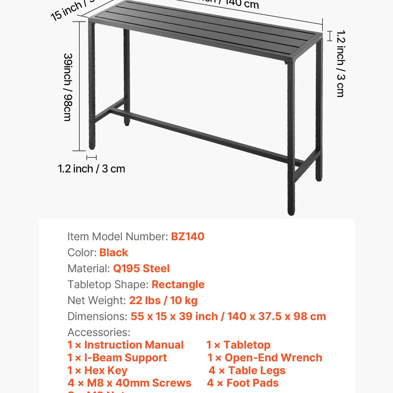 Āra bāra galds, 140 × 37,5 cm, ar ūdensizturīgu virsmu un stabilu metāla rāmi, taisnstūra letes augstuma galds balkoniem, pagalmiem, pie džakuzi, baseina vai iekštelpām