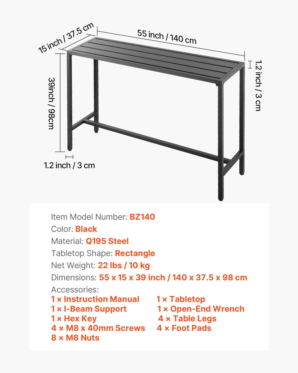 VEVOR Outdoor Bar Table, 140 × 37.5 cm, with Water-Resistant Surface and Sturdy Metal Frame, Rectangular Bar Height Table for Balconies, Patios, Hot Tubs, Pools or Indoor Use
