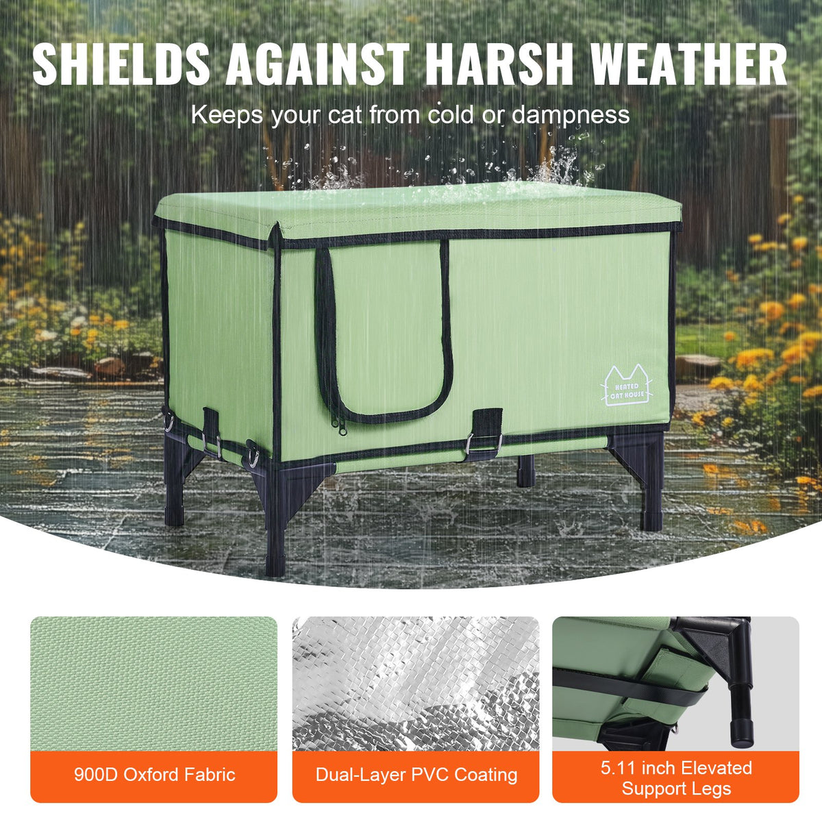 VEVOR домик для кошек с подогревом, приподнятый, L (61 × 32 см), зелёный