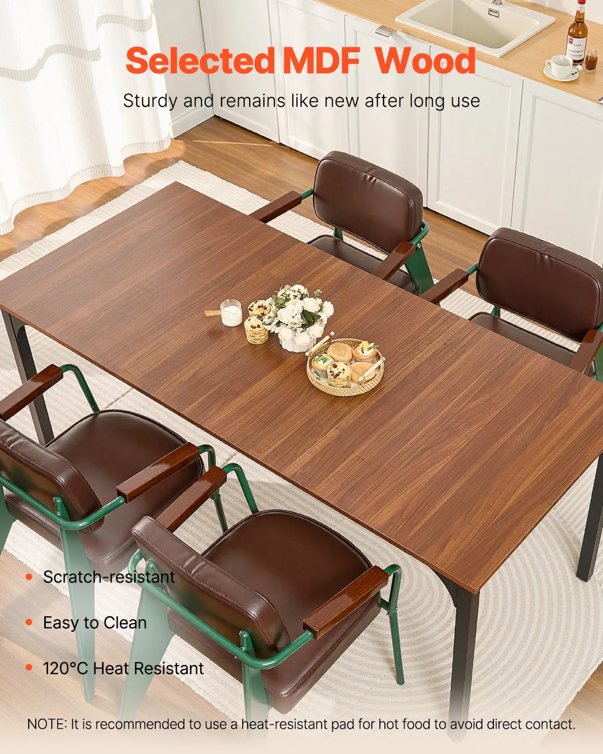 VEVOR Rectangular Dining Table, 180 cm Large Wooden Table for 6–8 People, Rustic Style Dining Room Furniture with Metal Legs, Suitable for Kitchen, Living Room or Office, Brown (Table Only)