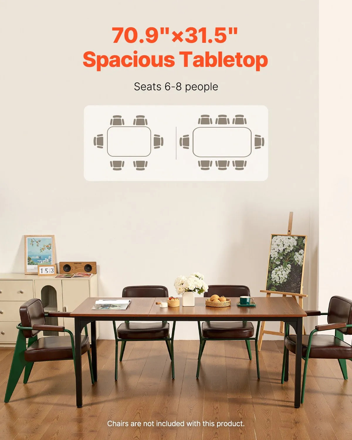 VEVOR Rectangular Dining Table, 180 cm Large Wooden Table for 6–8 People, Rustic Style Dining Room Furniture with Metal Legs, Suitable for Kitchen, Living Room or Office, Brown (Table Only)