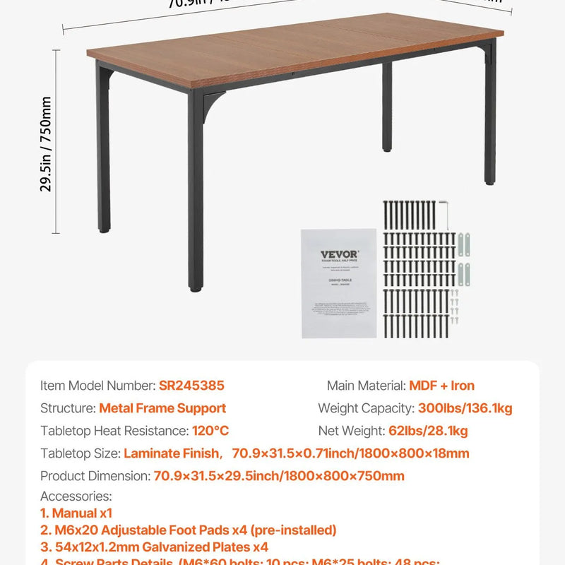 VEVOR taisnstūra ēdamgalds, 180 cm garš liels koka galds 6–8 personām, lauku stila ēdamistabas mēbele ar metāla kājām, piemērots virtuvei, viesistabai vai birojam, brūns (tikai galds)