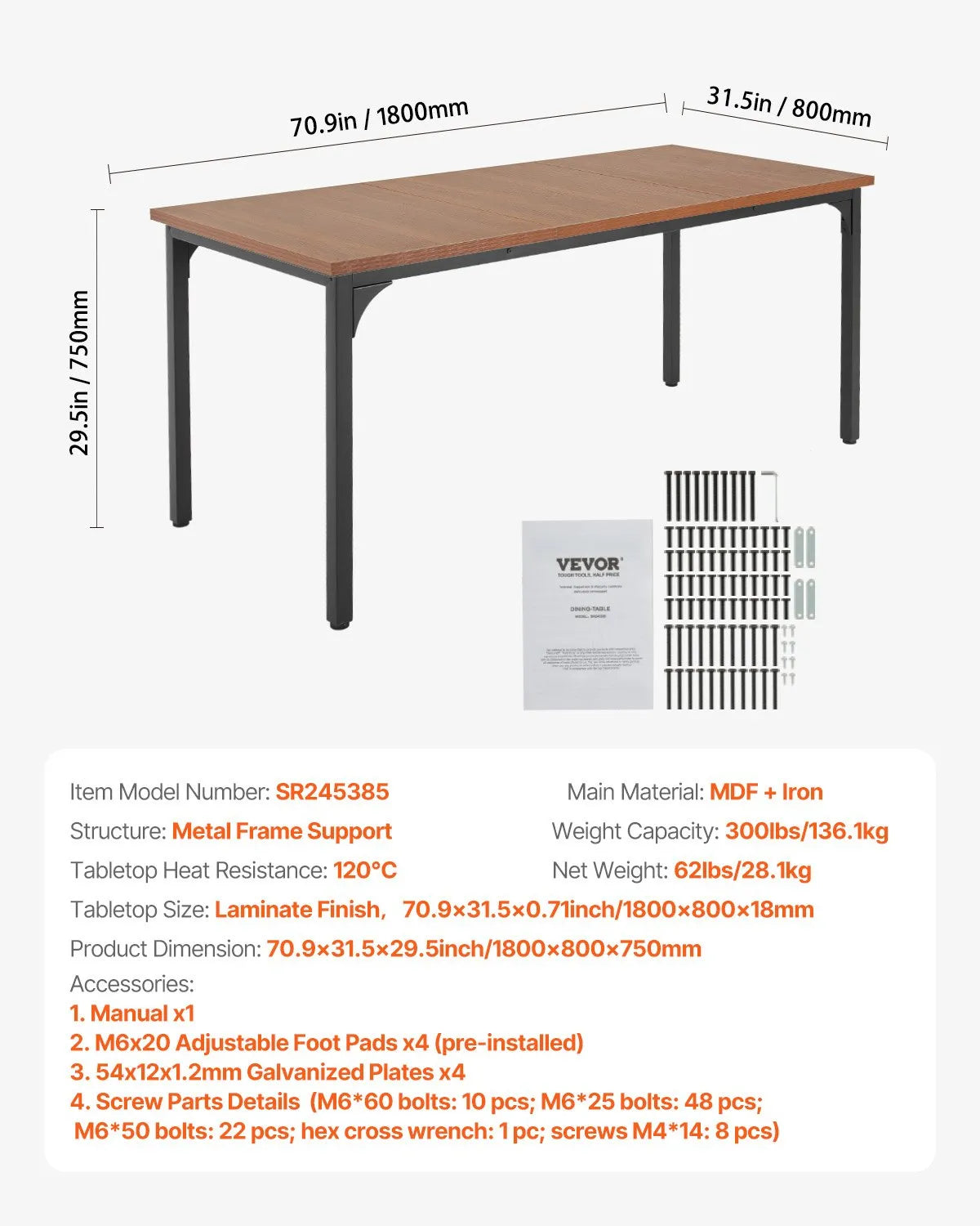 VEVOR Rectangular Dining Table, 180 cm Large Wooden Table for 6–8 People, Rustic Style Dining Room Furniture with Metal Legs, Suitable for Kitchen, Living Room or Office, Brown (Table Only)