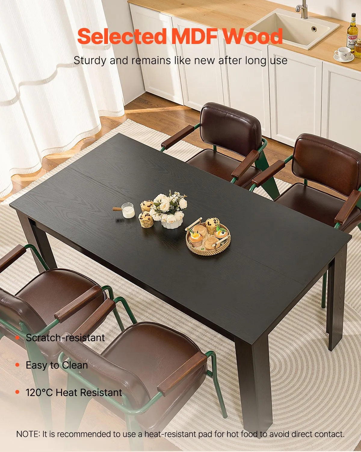 VEVOR Rectangular Dining Table, 160 cm Large Wooden Table for 4–6 People, Modern Design Dining Room Furniture or Conference Table with 150 kg Weight Capacity, Suitable for Kitchen, Living Room or Office, Black (Table Only)