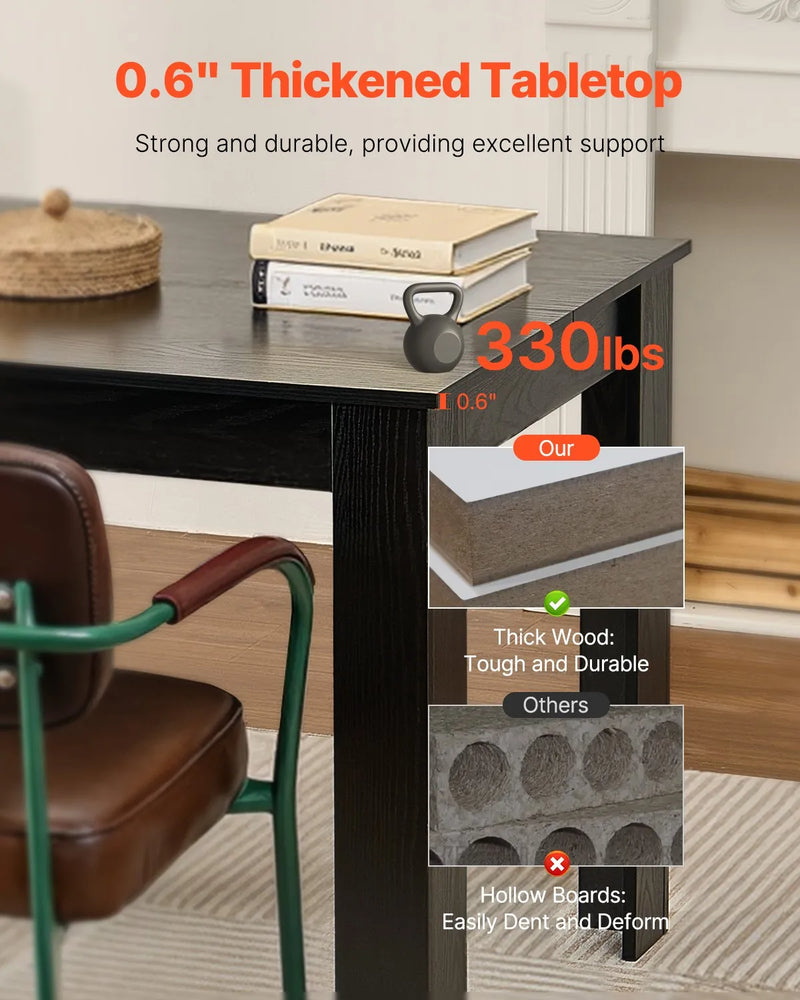 VEVOR taisnstūra ēdamgalds, 160 cm garš liels koka galds 4–6 personām, moderna dizaina ēdamistabas mēbele vai konferences galds ar 150 kg nestspēju, piemērots virtuvei, viesistabai vai birojam, melns (tikai galds)