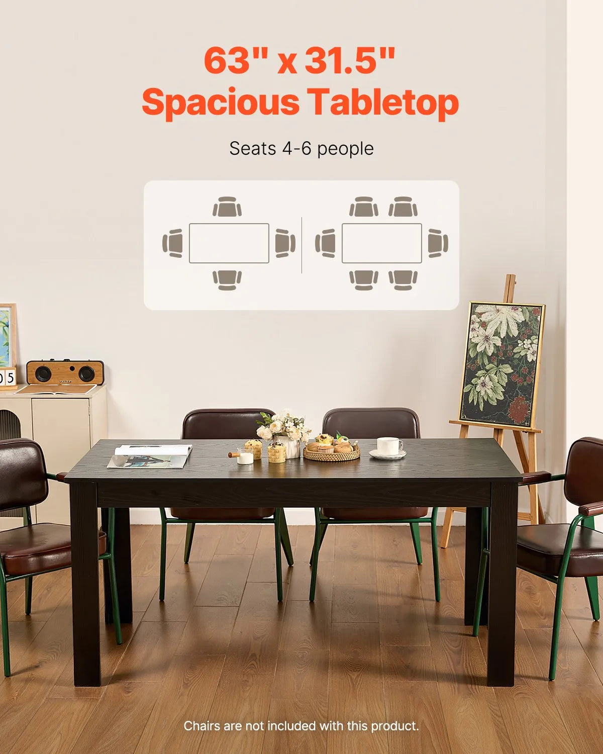VEVOR Rectangular Dining Table, 160 cm Large Wooden Table for 4–6 People, Modern Design Dining Room Furniture or Conference Table with 150 kg Weight Capacity, Suitable for Kitchen, Living Room or Office, Black (Table Only)